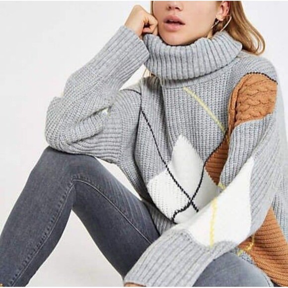 River Island gray patterned chunky turtle neck sweater size small - Picture 10 of 10